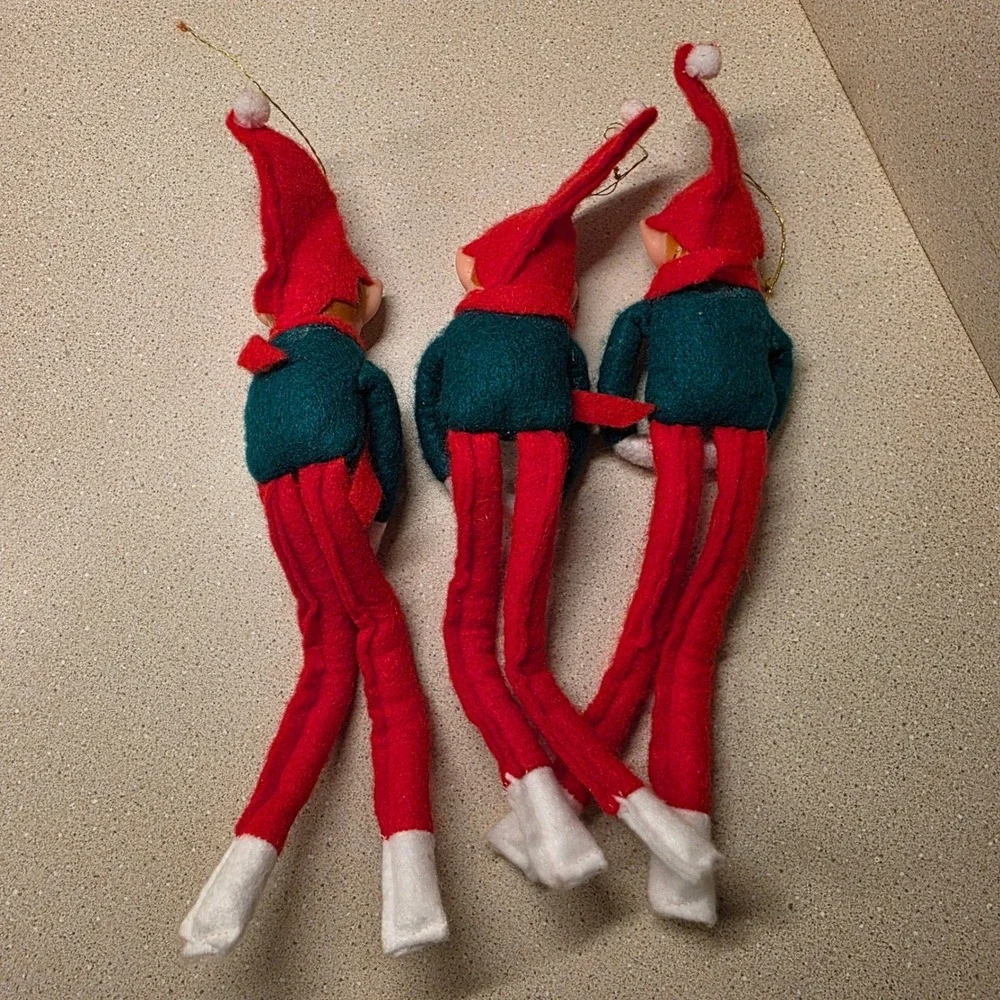 Vintage Knee Hugger Elf Christmas Ornaments Set of 3 Red Green 10 inch Retro